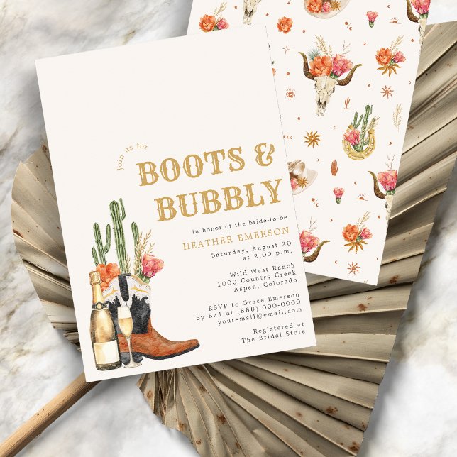 Western Boots Brautparty Einladung (Bridal Shower Boho Watercolor Boots and Bubbly Invitation
)