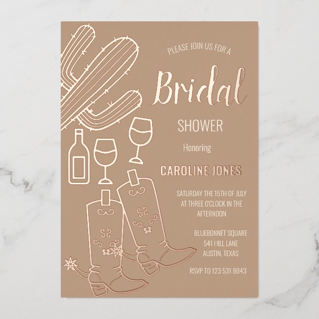 Western Boots Bubbly Boho Gold Foil Brautparty Folieneinladung (Vorderseite)