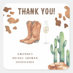 Western Boots & Bubbly Brautdusche Danke  Quadratischer Aufkleber