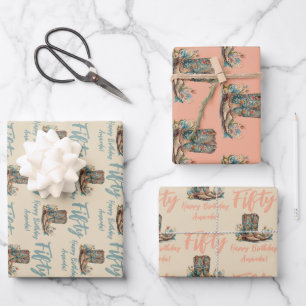 Western Boots Floral Fiftieth Birthday Geschenkpapier Set