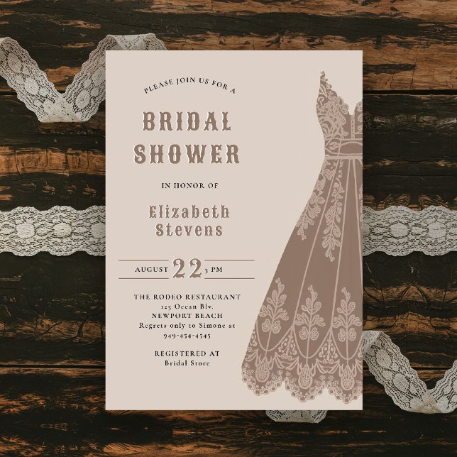 Western Bridal Dress Cowgirl Chic Rustikale Dusche Einladung (western bridal shower invitation cowgirl dress elegant lace country rustic chic barn ranch backyard)