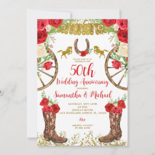 Western Bright Red Floral 50. Hochzeitstag Einladung