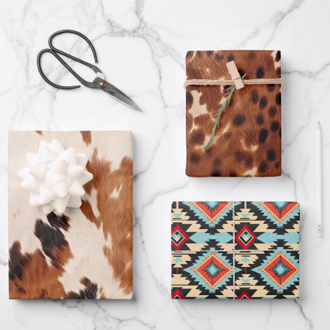 Western Brown Black Cream Cowhide Cowboy Cowgirl Geschenkpapier Set (Vorderseite)