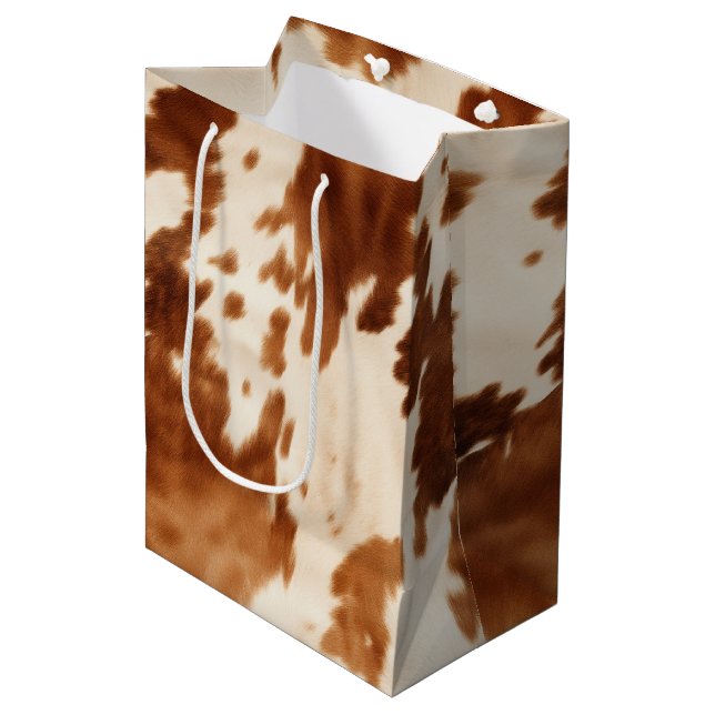 Western Brown Cream Cowhide Mittlere Geschenktüte (Vorderseite Schrägansicht)