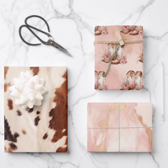 Western Brown Cream Floral Cowgirl Stiefel Geschenkpapier Set (Vorderseite)