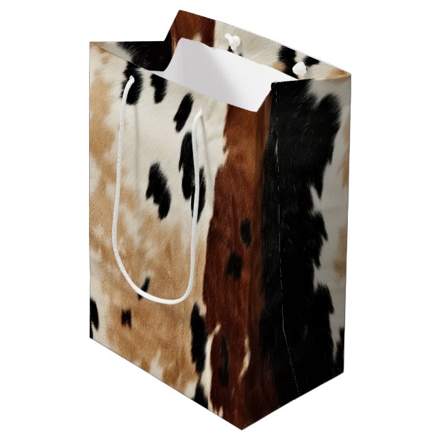 Western Brown Creme Cowhide Tier Mittlere Geschenktüte (Vorderseite Schrägansicht)