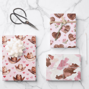Western Brown Pink Cowgirl Hats Hearts Geburtstag Geschenkpapier Set