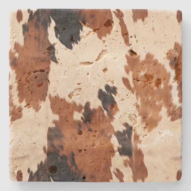 Western Brown Schwarz-weiß Cowhide Steinuntersetzer (Vorderseite)
