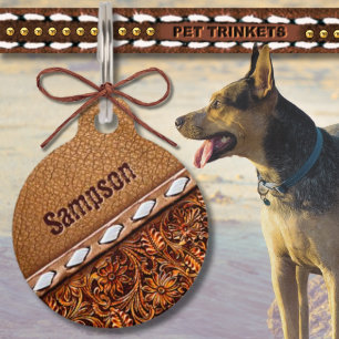 Western Buck Stitch Tooled Leder Dog Cat Haustiermarke