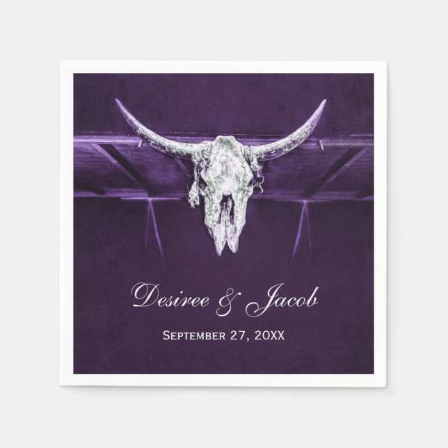 Western Bull Cow Skull Dunkel Lila Weiß Rustikal Serviette (Vorderseite)