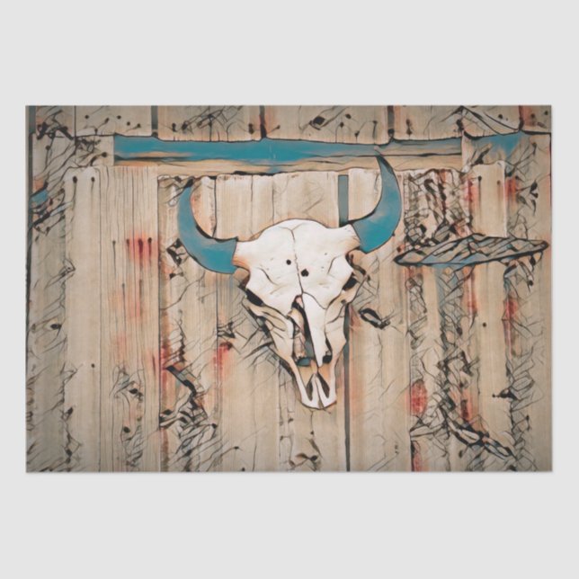 Western Bull Skull Rustic Barn Aquamarin Brown Vin Seidenpapier (Vorderseite)