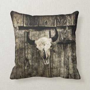 Western Bull Skull Wood Sepia Vintag Rustikal Kissen