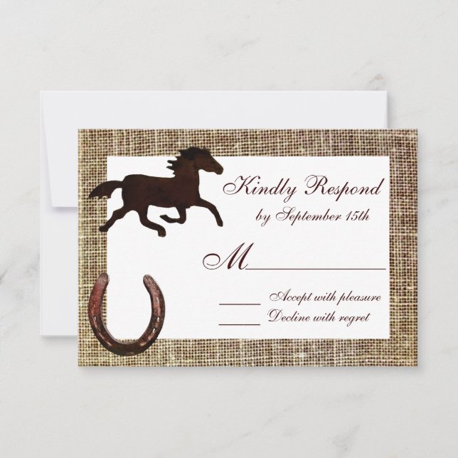 Western Burlap Cowboy Horse Horseshoe Wedding RSVP Karte (Vorderseite)