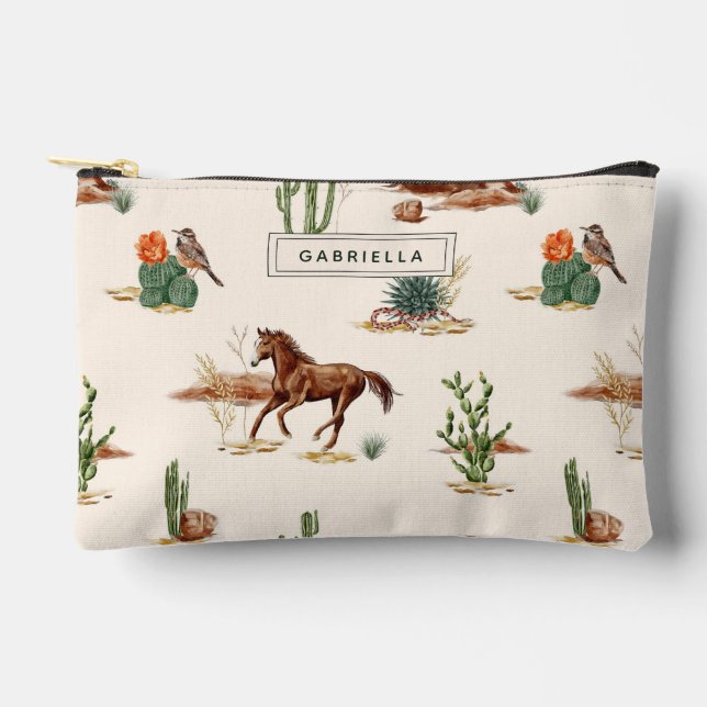 Western Cactus Desert Horse Cowgirl Personalisiert Zubehörtasche (Vorderseite)