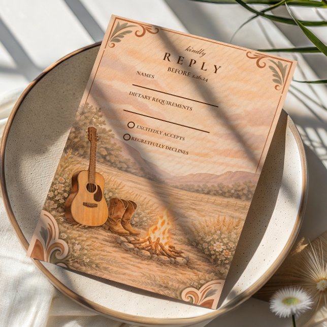 Western Campfire Guitar Meadow Wedding RSVP Karte (Von Creator hochgeladen)