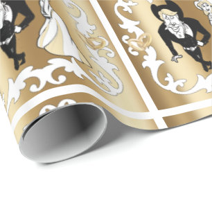 Western Cartoon Hochzeitscouple auf Gold Wrapping Geschenkpapier