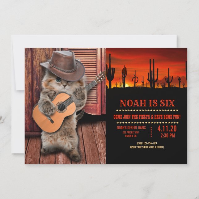 Western Cat Cowboy Musiker mit Gitarre Einladung (Vorderseite)