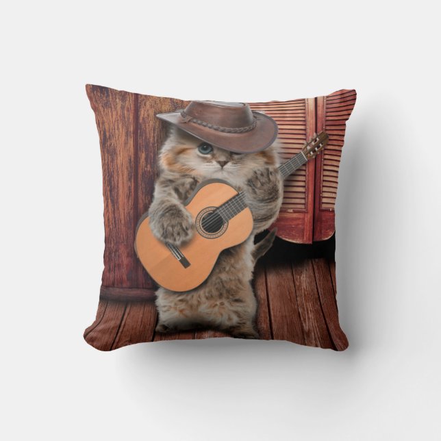 Western Cat Cowboy Musiker mit Gitarre Kissen (Vorderseite)
