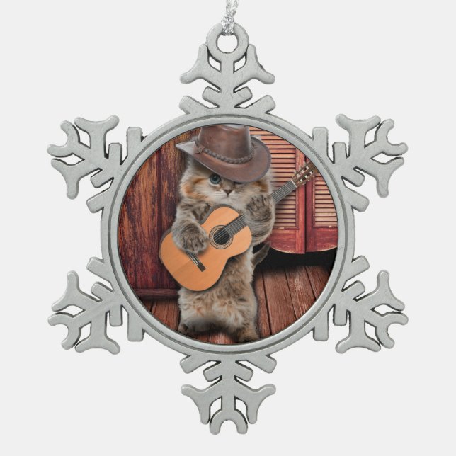 Western Cat Cowboy Musiker mit Gitarre Schneeflocken Zinn-Ornament (Vorderseite)