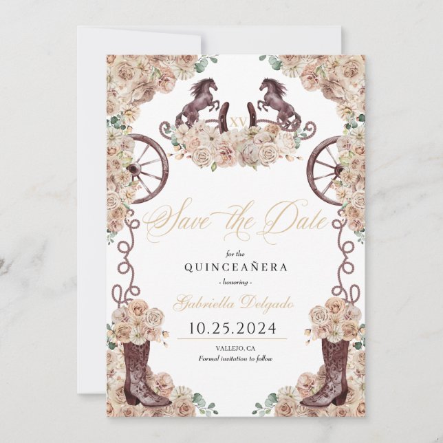 Western Champagne Gold Save the Date Quinceñera Einladung (Vorderseite)