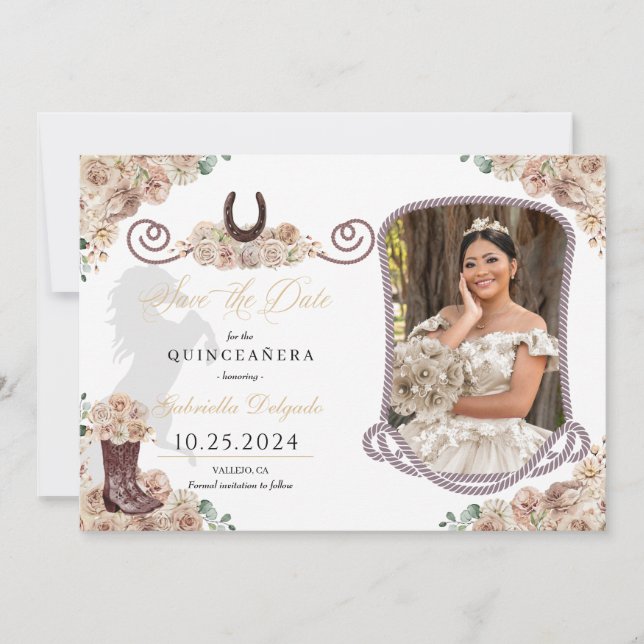 Western Champagne Quinceañera Save the Date Foto Einladung (Vorderseite)