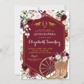 Western Charra Quinceañera aus Gold und Rot Einladung