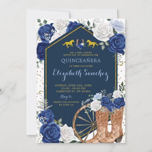Western Charra Quinceañera, Gold und Navy Einladung (Vorderseite)
