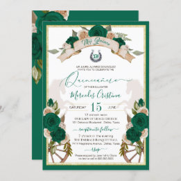 Western Charro Emerald Green Rose Quinceanera Einladung
