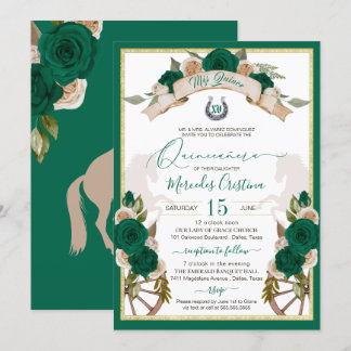 Western Charro Emerald Green Rose Quinceanera Einladung