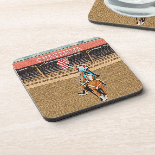 Western Cheyenne Rodeo Cowgirl American Flag 2 Getränkeuntersetzer (Linke Seite)