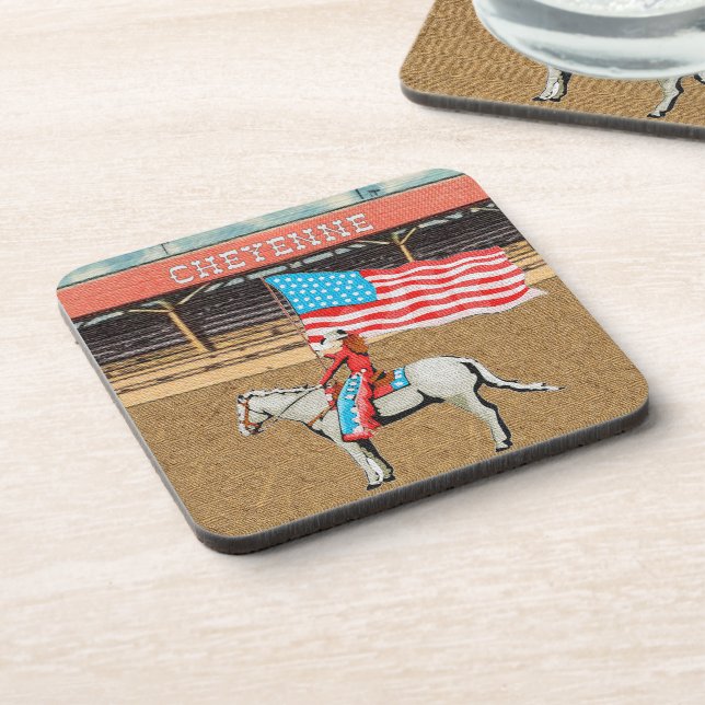 Western Cheyenne Rodeo Cowgirl American Flag Getränkeuntersetzer (Linke Seite)