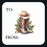 Western Christmas Cowboy Boots Hat Quadratischer Aufkleber<br><div class="desc">This design may be personalized by choosing the Edit Design option. You may also transfer onto other items. Contact me at colorflowcreations@gmail.com or use the chat option at the top of the page if you wish to have this design on another product or need assistance with this design. See more...</div>