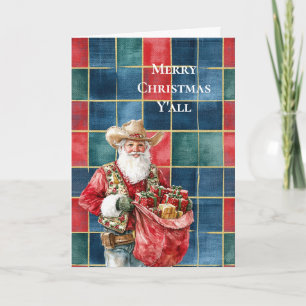 Western Christmas Red Blue Green Cowboy Santa Karte
