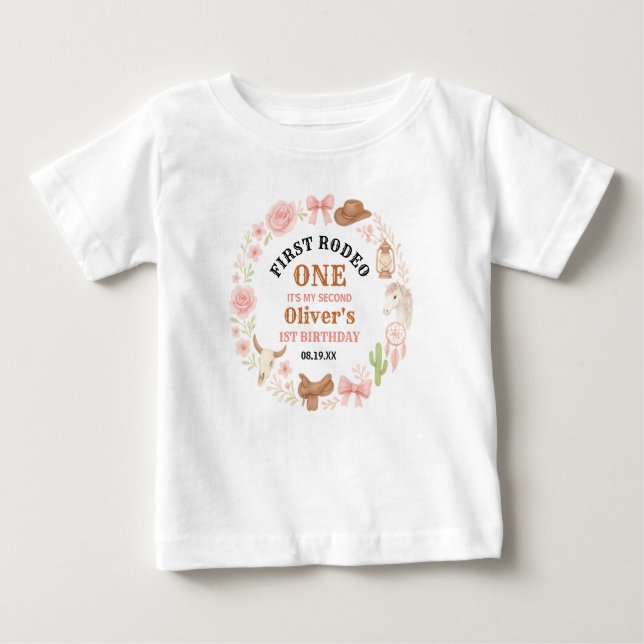 Western Coquette Cowgirl 1st Birthday Cute Pink Baby T-shirt (Vorderseite)