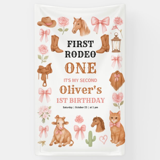 Western Coquette Cowgirl 1st Birthday Cute Pink Banner (Vertikal)