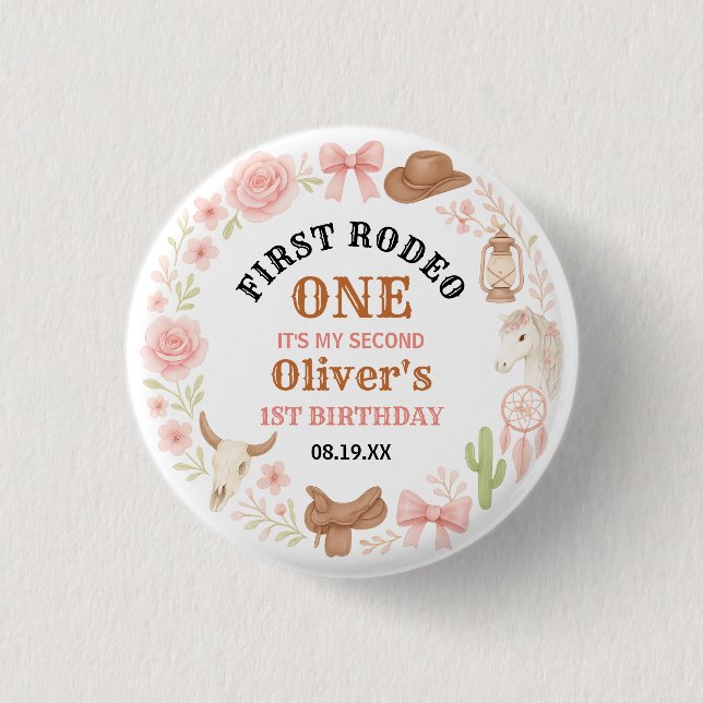 Western Coquette Cowgirl 1st Birthday Cute Pink Button (Vorderseite)