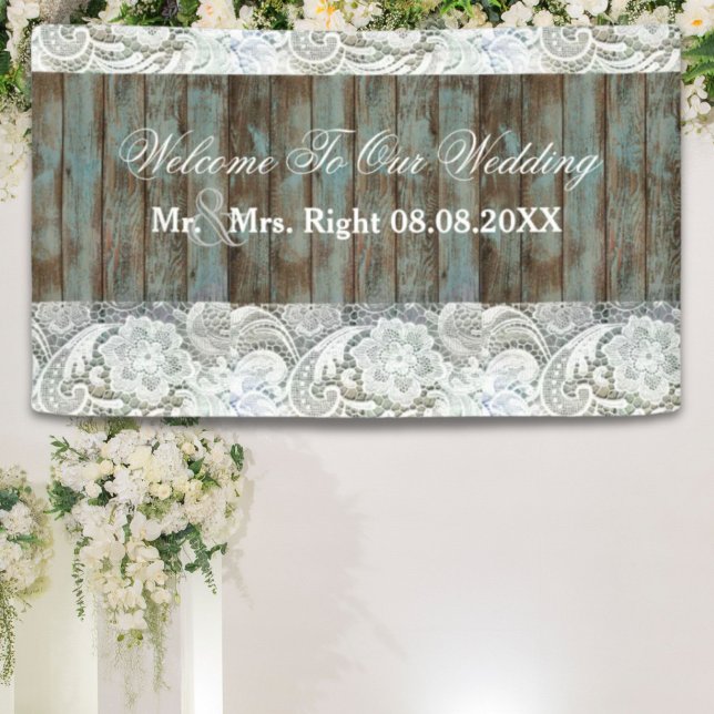 Western Country blauen Scheunenholz Hochzeit Banner (western country blue barn wood lace wedding banner)