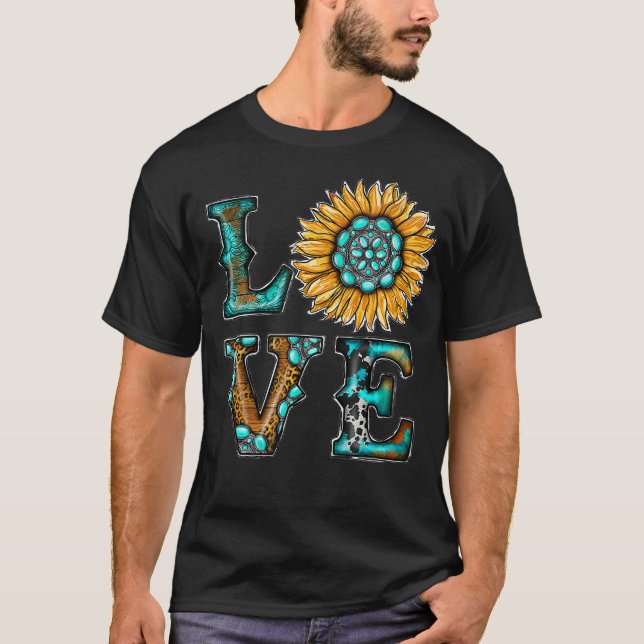 Western Country Boho Türkis Liebe Sonnenblumen T-Shirt (Vorderseite)