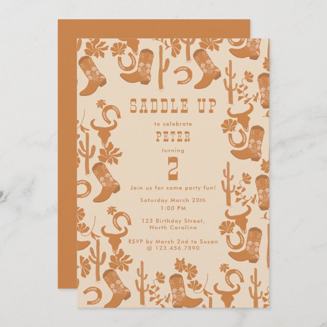 Western Country Cowboy Boots Sattel bis Geburtstag Einladung (Vorne/Hinten)