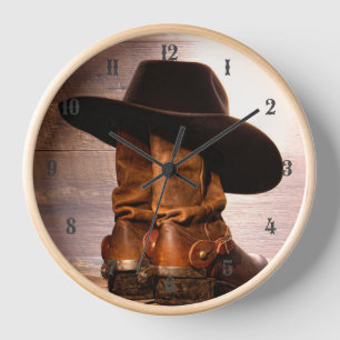 western country hat barn wood cowboy boots wanduhr