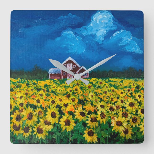 western country red barn summer sunflower field quadratische wanduhr (Vorderseite)