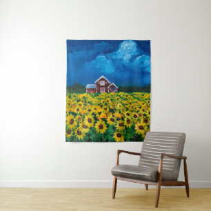 western country red barn summer sunflower field wandteppich