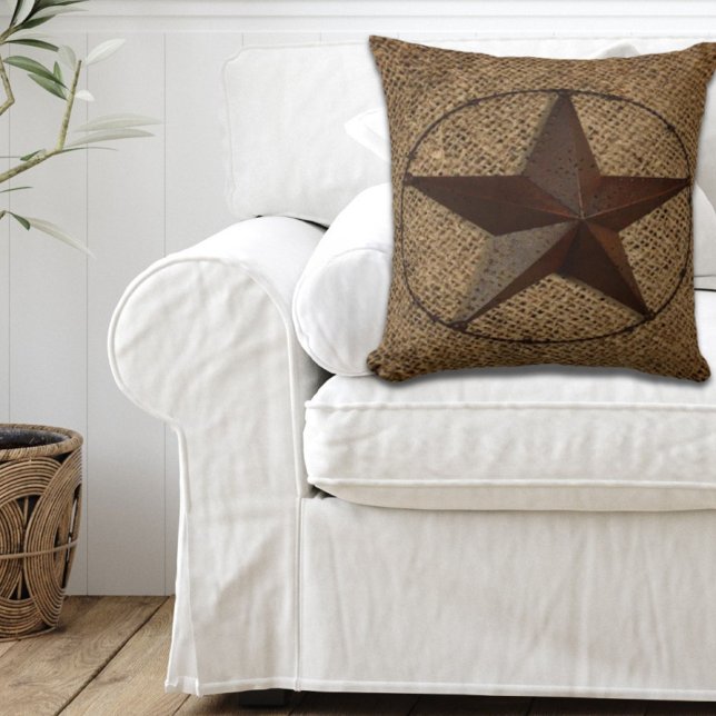Western Country Rustic Burlap Primitive Texas Star Kissen (Western Country Rustic Burlap Primitive Texas Star Throw Pillow)