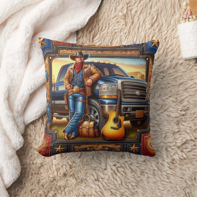 Western Country Singer Gitarre Truck Leather Print Kissen (Decke)