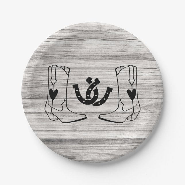 Western Country Wedding Rustic Cowboy Wood Pappteller (Vorderseite)
