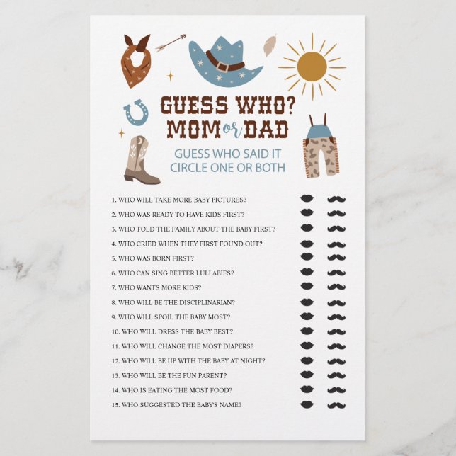 Western Cowboy Baby Dusche Ratet Wer Game Flyer (Vorne)