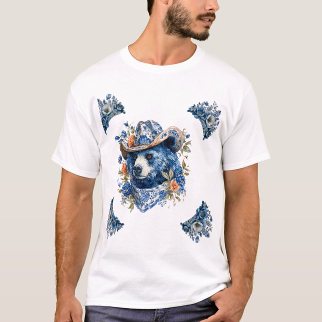 Western Cowboy Bear - Blue Bear with Floral Bandan T-Shirt (Vorderseite)
