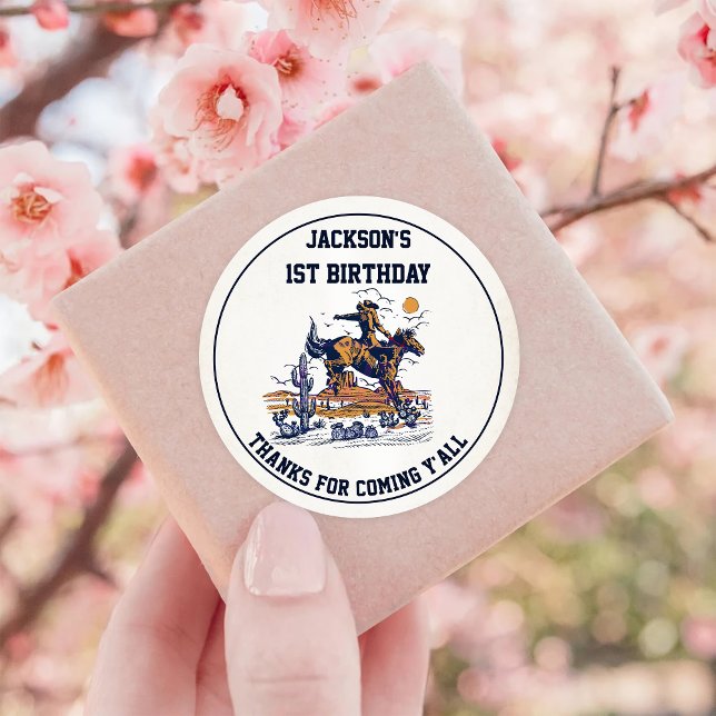 Western Cowboy Birthday Party Runder Aufkleber (Von Creator hochgeladen)