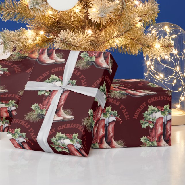 Western Cowboy Boot Frohe Weihnachten Y'all Geschenkpapier (Feiertage)
