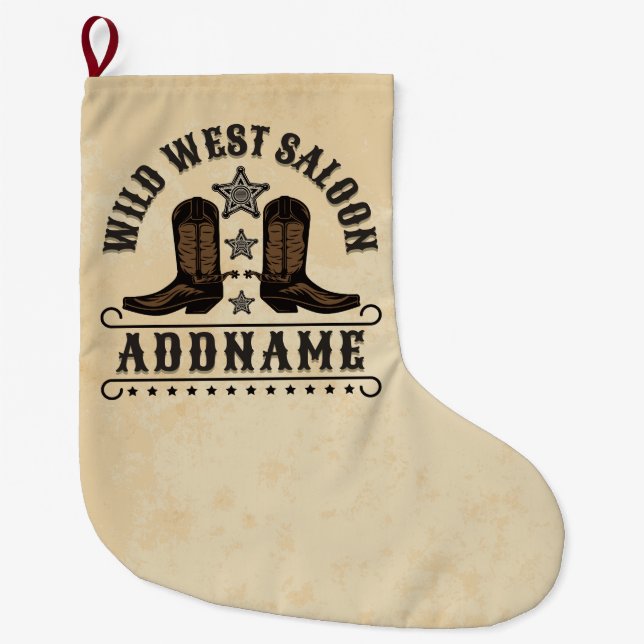 Western Cowboy Boots ADD NAME Sheriff Spurs Saloon Großer Weihnachtsstrumpf (Vorderseite)
